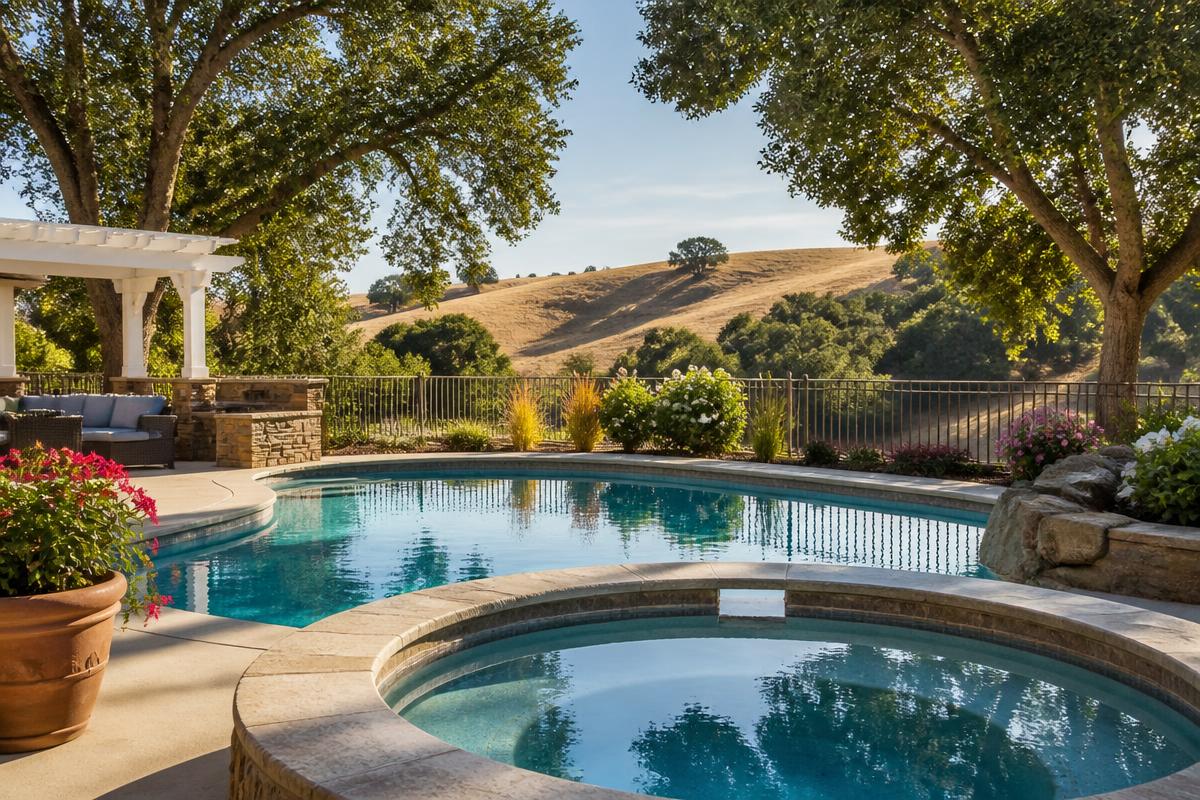 Northern California backyard pool and adjoining spa with golden hills behind
