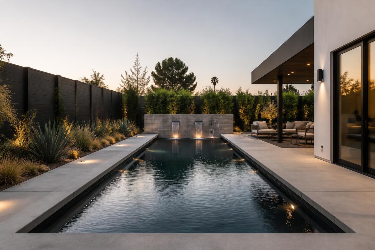 Modern rectangular pool with dark finish and minimalist drought-tolerant landscaping