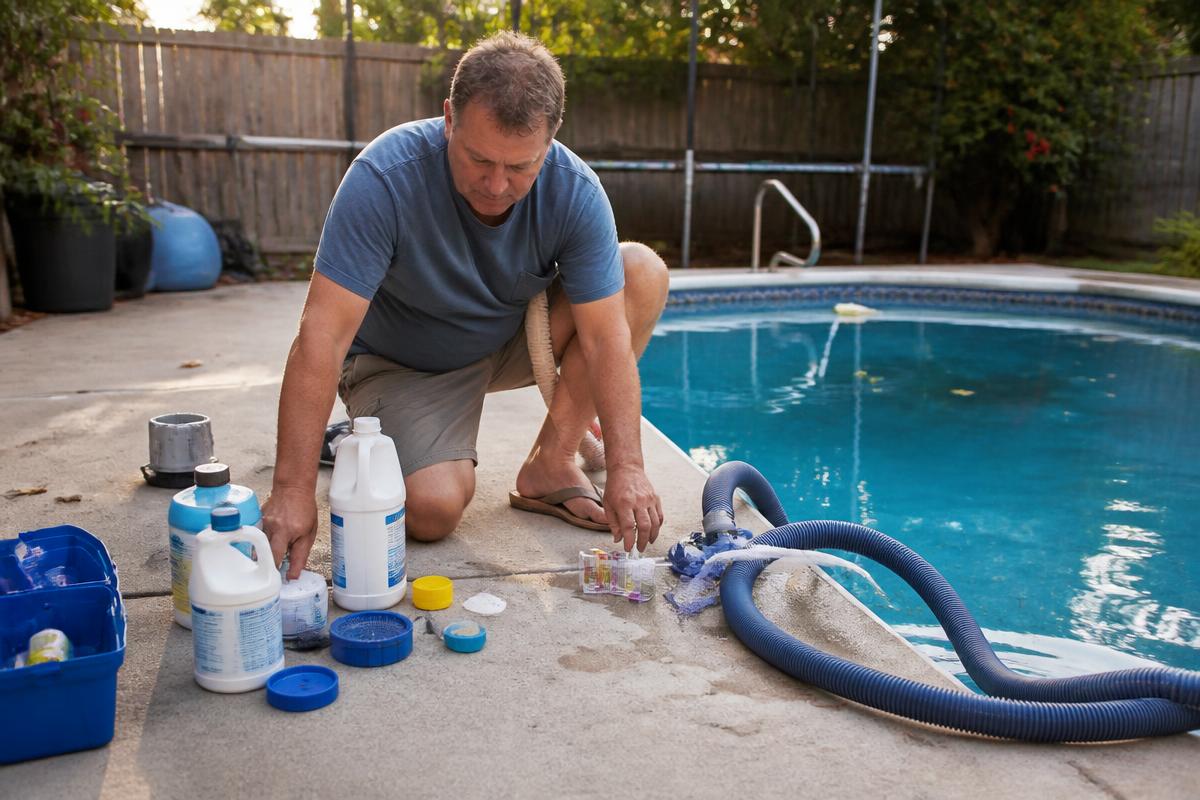 Homeowner kneeling by a pool with chemical jugs, test strips and a vacuum hose