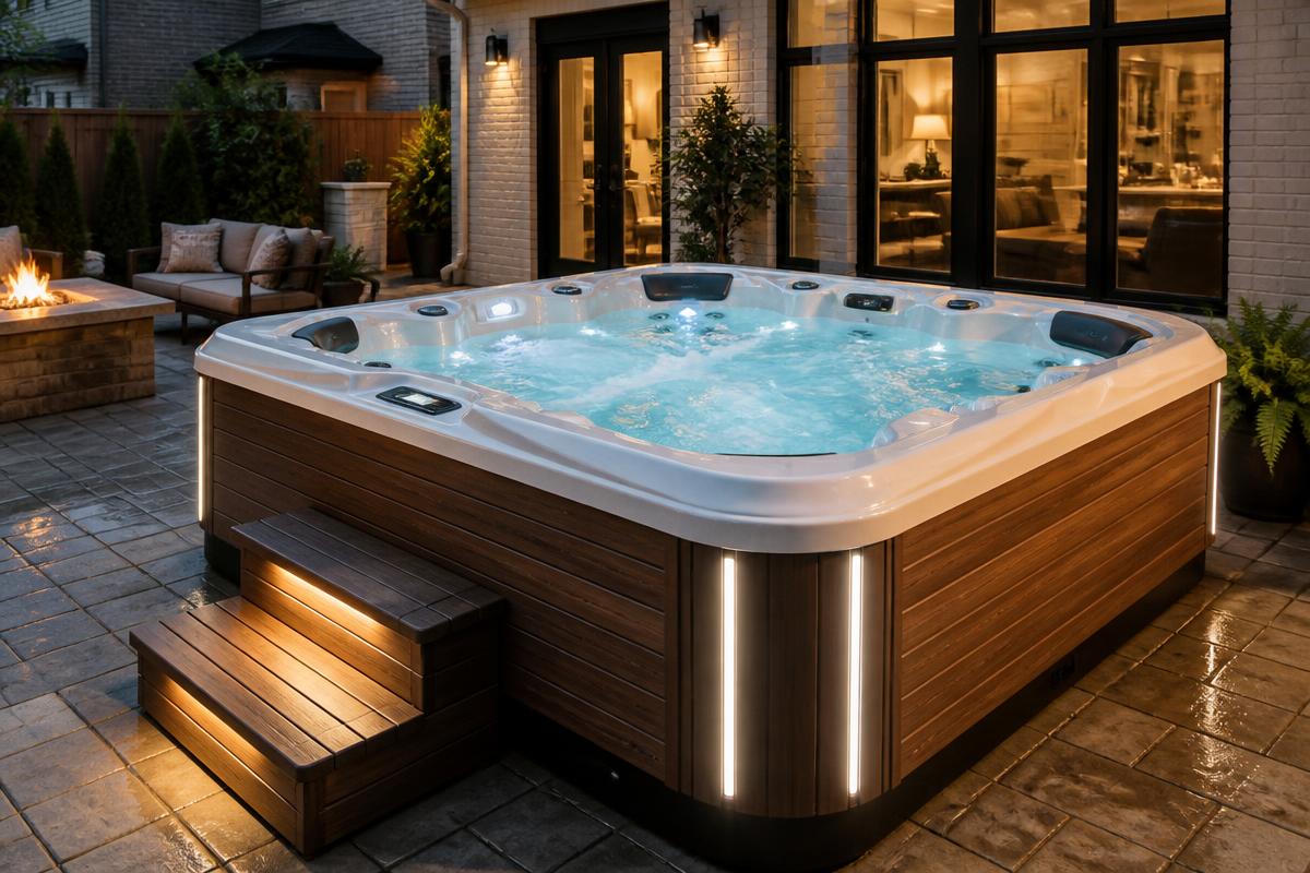 Modern backyard hot tub with bubbling water and wood cabinet at dusk