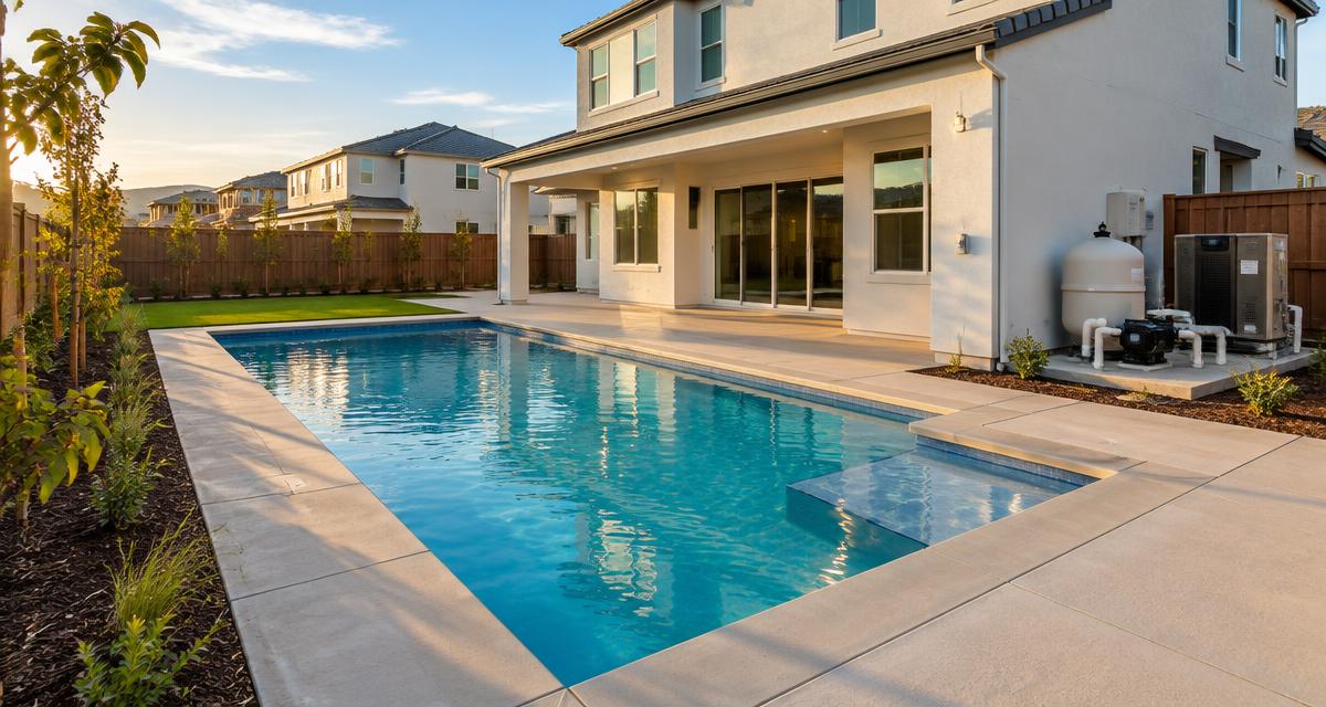 Newly built backyard pool at a new American Canyon home with modern equipment pad