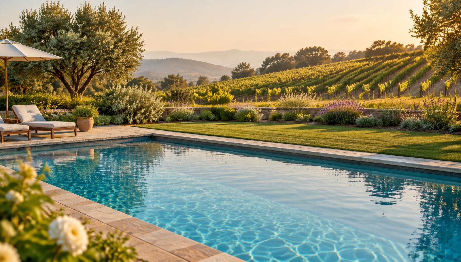 Backyard swimming pool at a Napa home with rows of grapevines on a low hill in the background