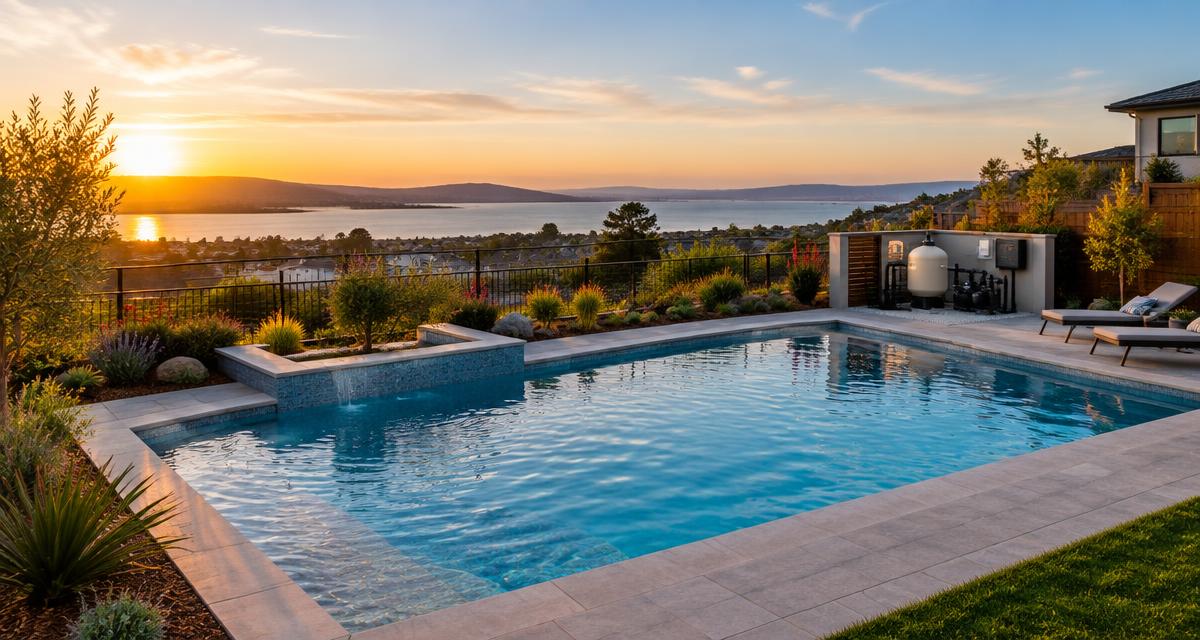 Newly built backyard pool at a Vallejo hillside home overlooking San Pablo Bay at sunset