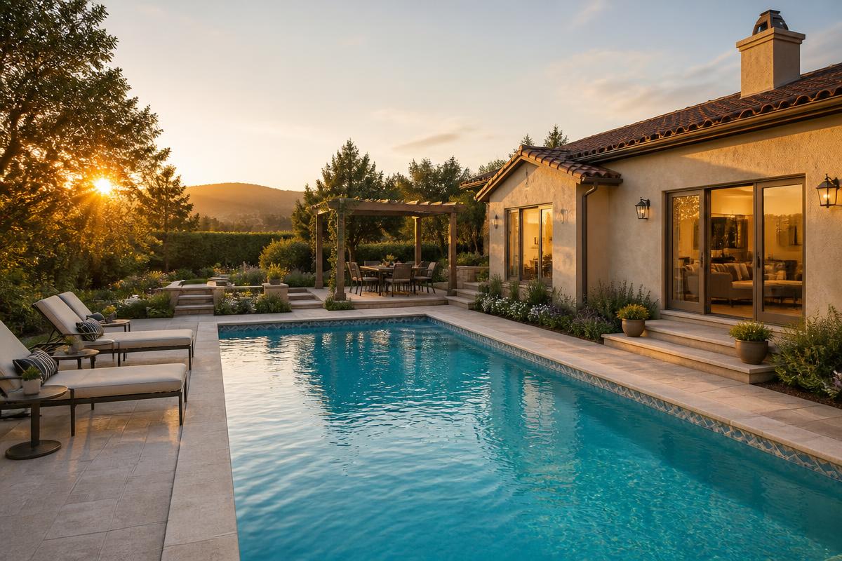 Landscaped California backyard with a sparkling blue pool at golden hour