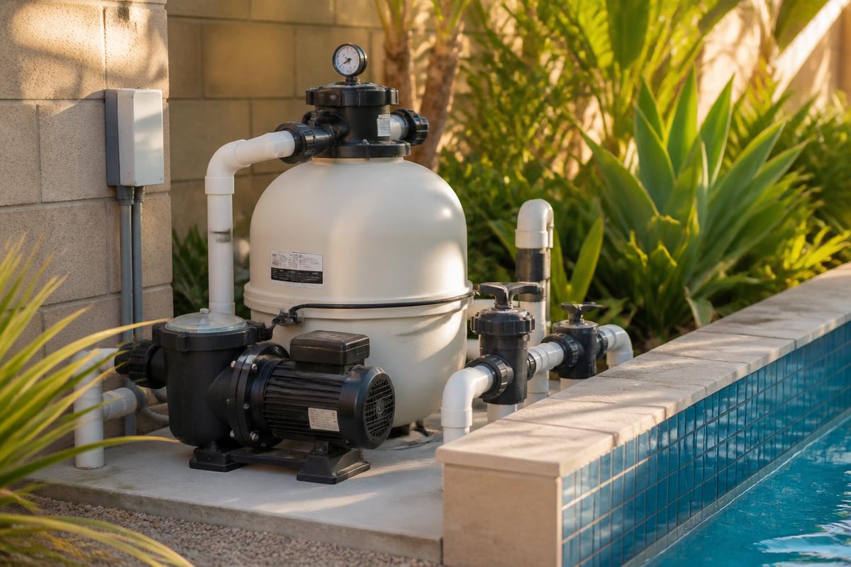 Backyard pool equipment pad with pump, filter tank and valves beside a blue tiled pool