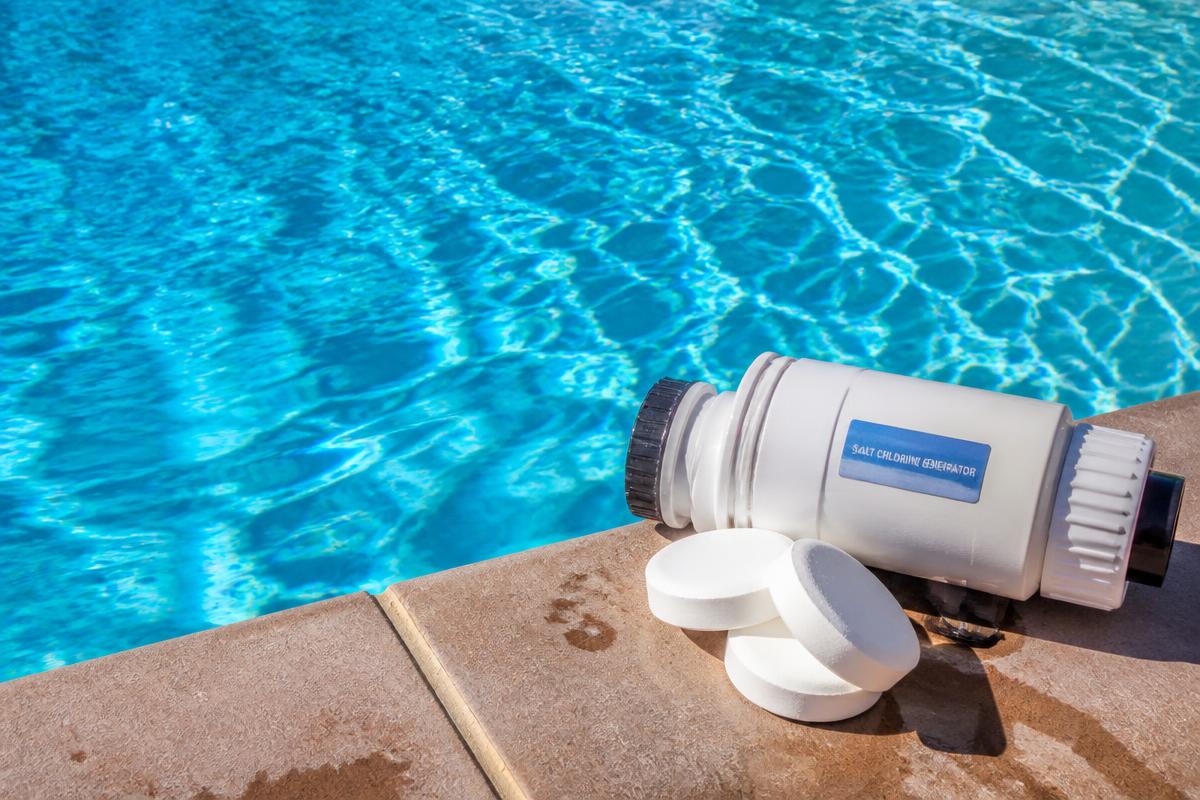 Sunlit pool water with a salt chlorine generator cell and chlorine tablets on the deck