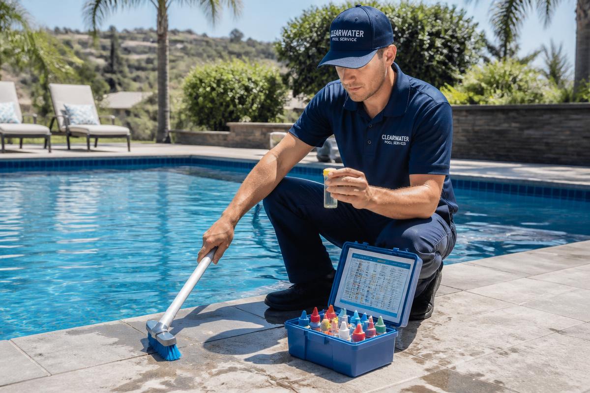 Pool technician brushing and testing a backyard swimming pool